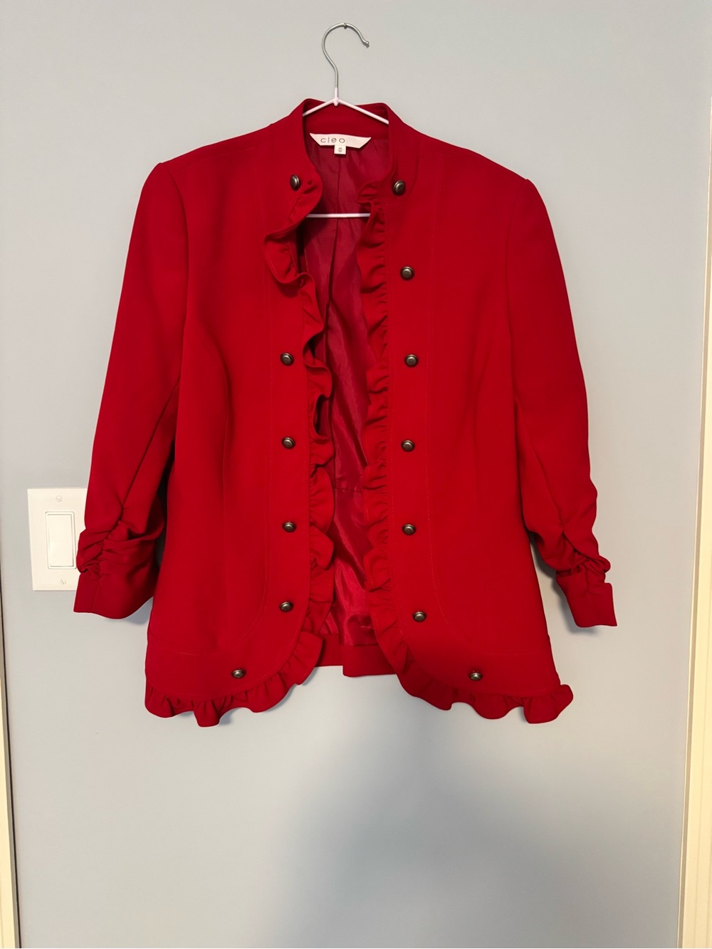 cleo Red Ruffle-Front Military Button Blazer